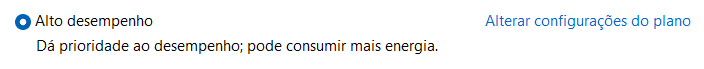 Janela mostrando o plano de energia de alto desempenho do windows
