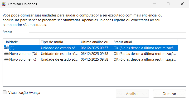 Janela de desfragmentação de discos do Windows