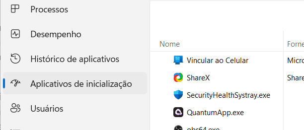 Janela do gerenciador de tarefas do Windows mostrando focado na inicialização de apps