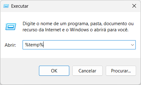 Imagem da janela Executar do Windows com o texto '%temp%'